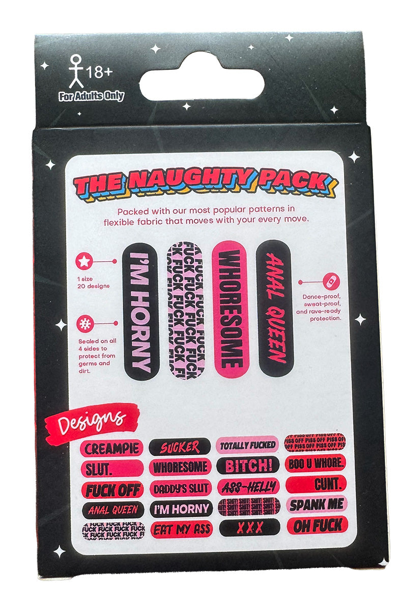 Naughty Ouchie Stix bandages back of box showing slogan adhesive strips and brand logo.