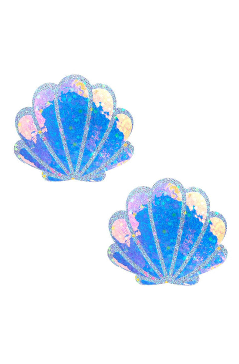 Pair of mermaid seashell nipple pasties in iridescent blue and lilac with a silver glitter edge, on white.