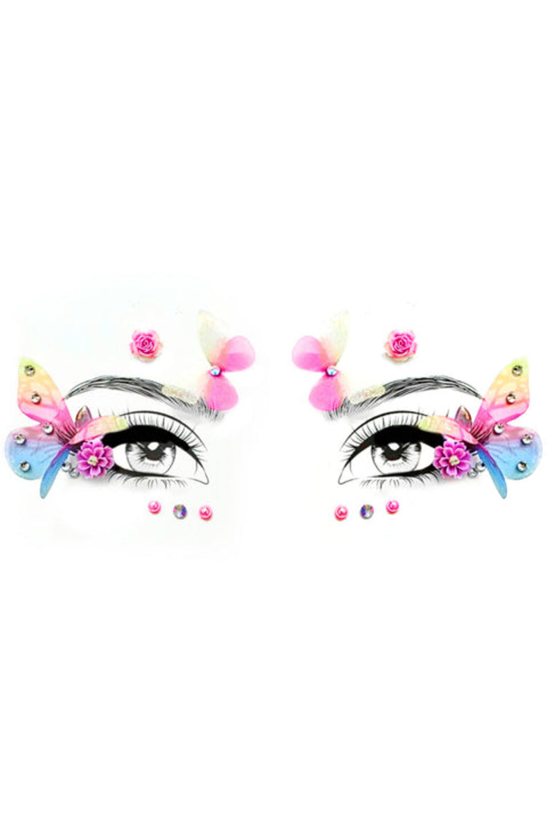 Face jewel set on illustrated eyes: 3D pastel butterflies, pink rose flowers, teardrop gems, and rhinestone dots.