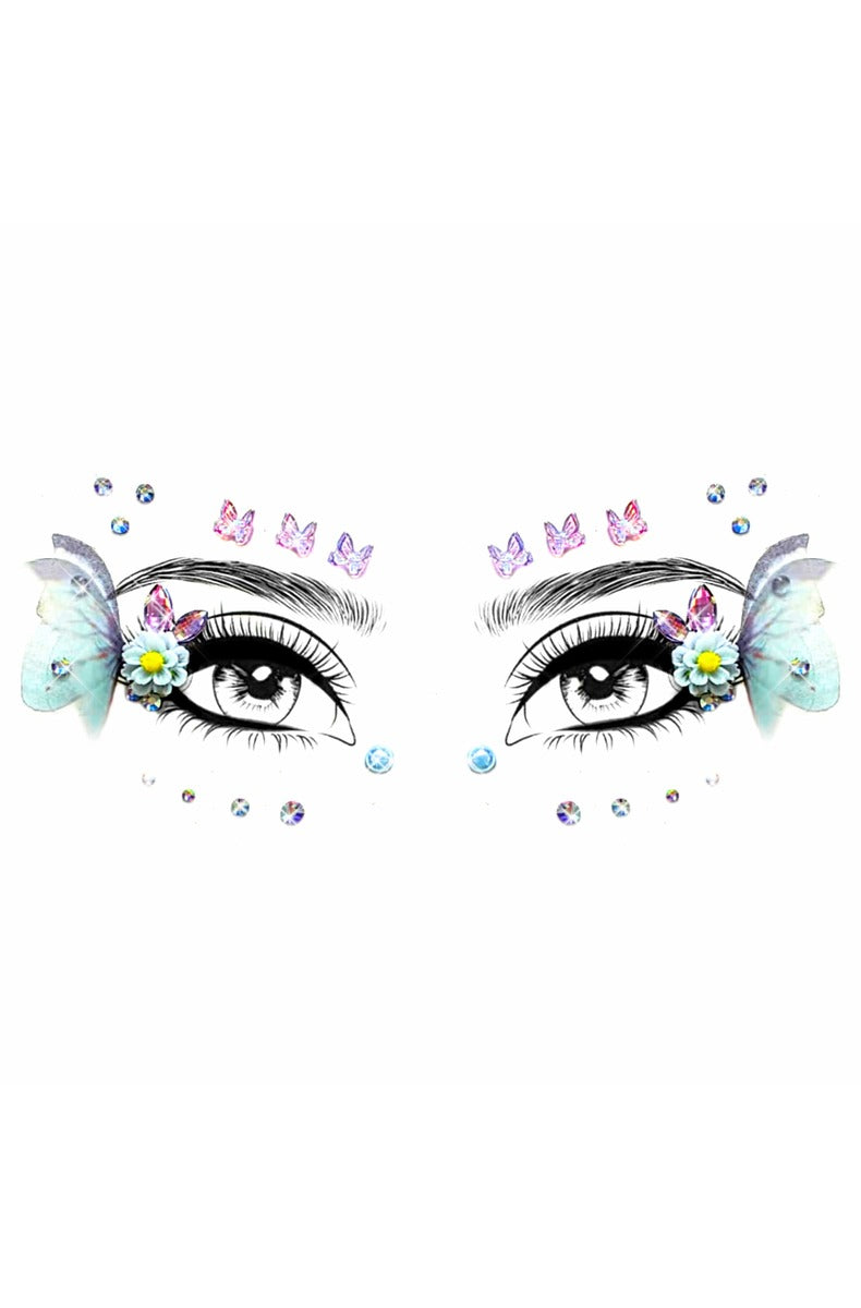 Face jewel set shown on illustrated eyes: 3D mint butterflies, white daisies, teardrop gems, and rhinestone dots.