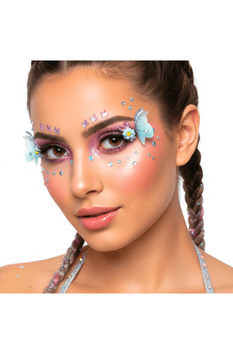 Model wearing the mint butterfly face jewels, daisies, and rhinestone dots around the eyes.