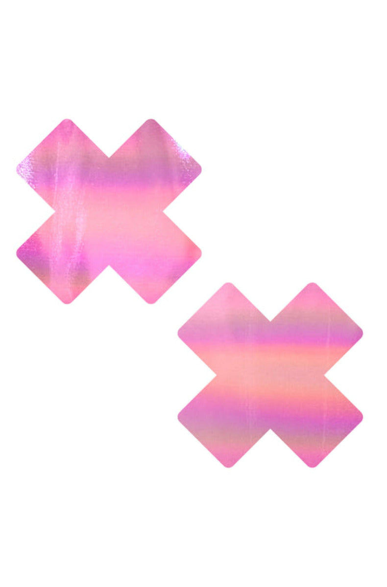 Pair of X-shaped pink nipple pasties with a holographic shimmer that shifts pink, peach, and lilac, on white.