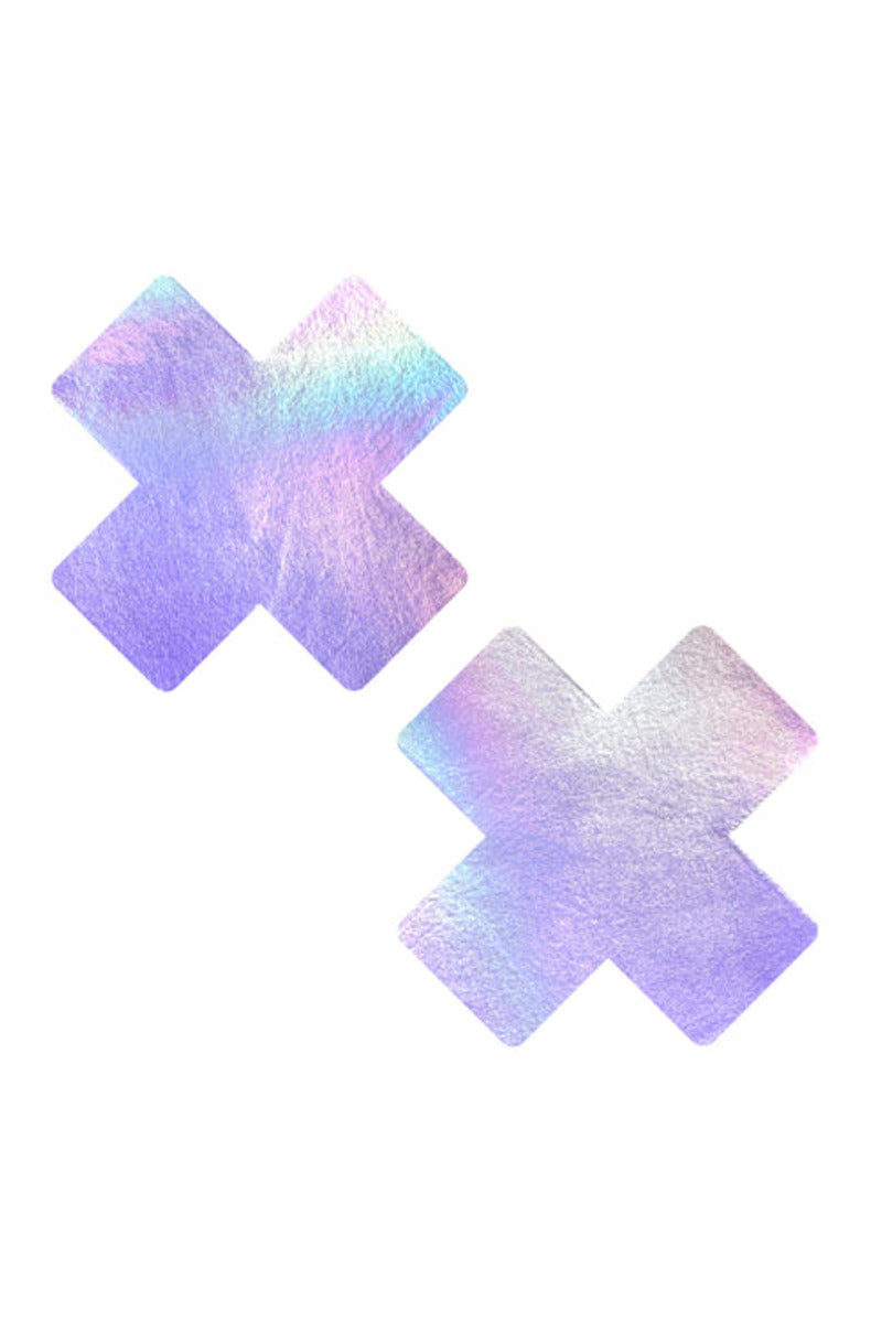 Pair of X-shaped lavender nipple pasties with a pearly iridescent shimmer, on a white background.