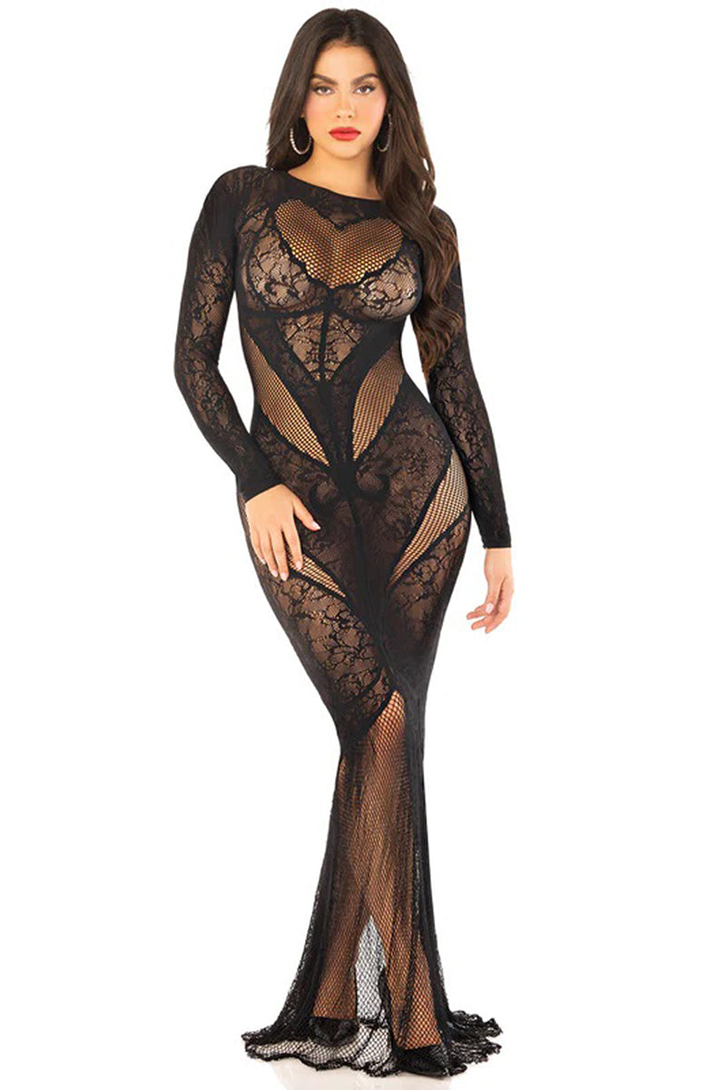 Floor-length black bodystocking gown in mixed floral lace and fishnet with a heart-shaped cutout at the bust, long sleeves, high neckline, and a flared fishnet hem.