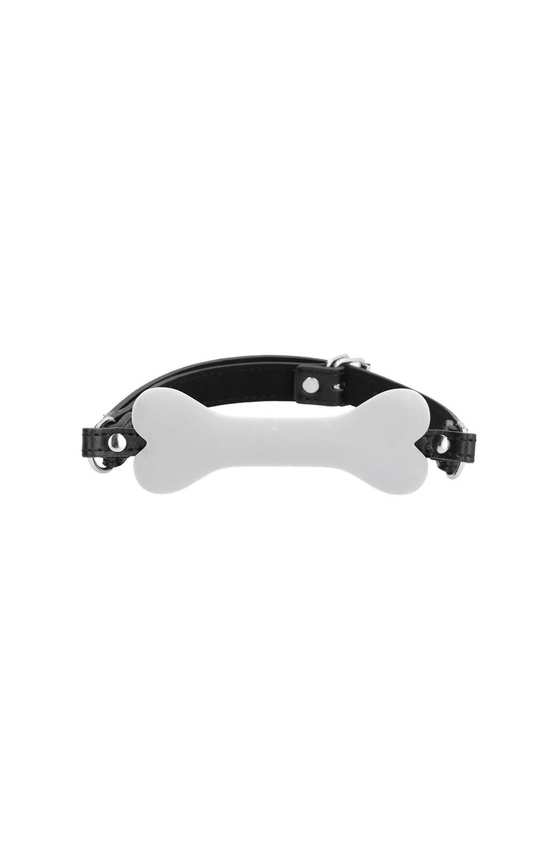 Ouch! Puppy Play silicone bone gag in white with adjustable bonded leather straps