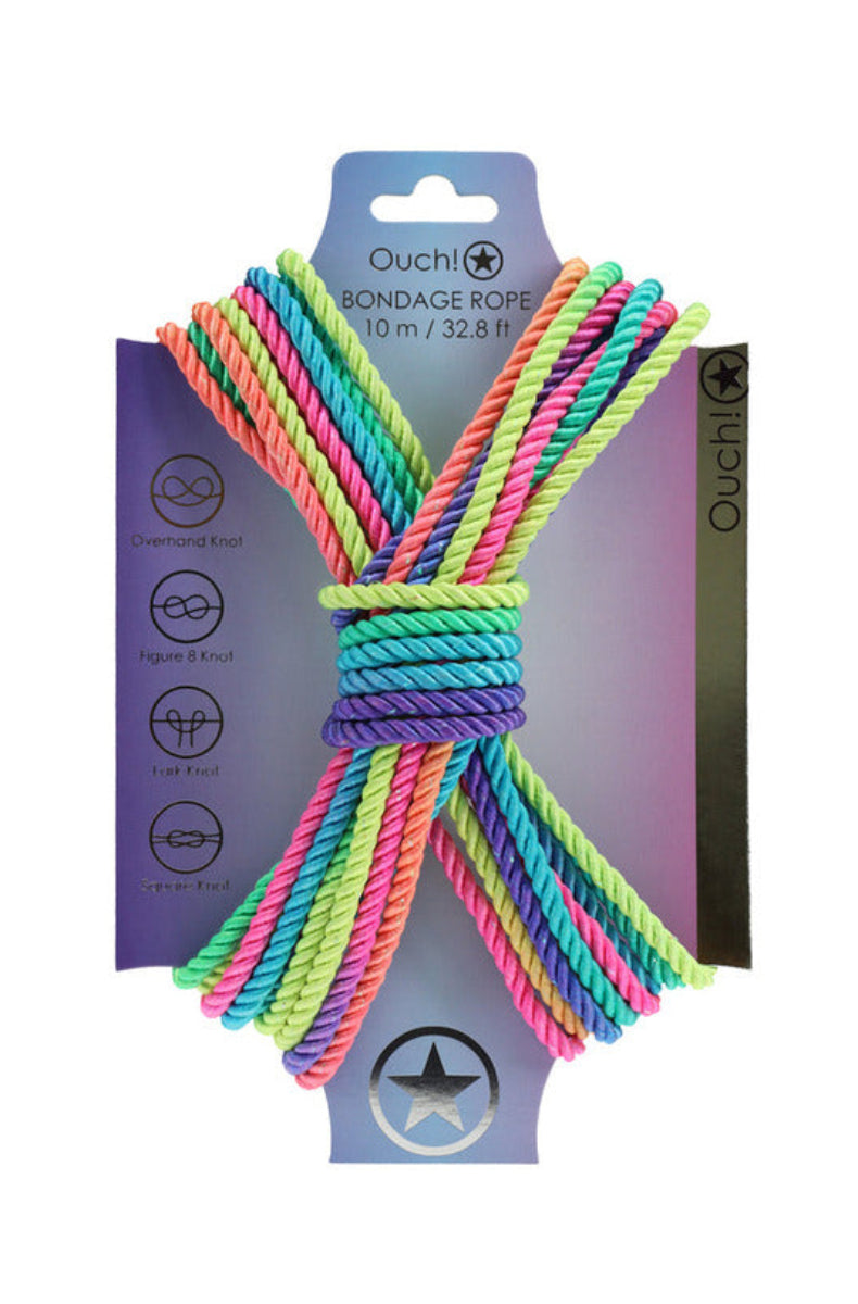 Bright neon multicolor twisted bondage rope by Ouch!, 10 m, wrapped on its packaging with knot guides.