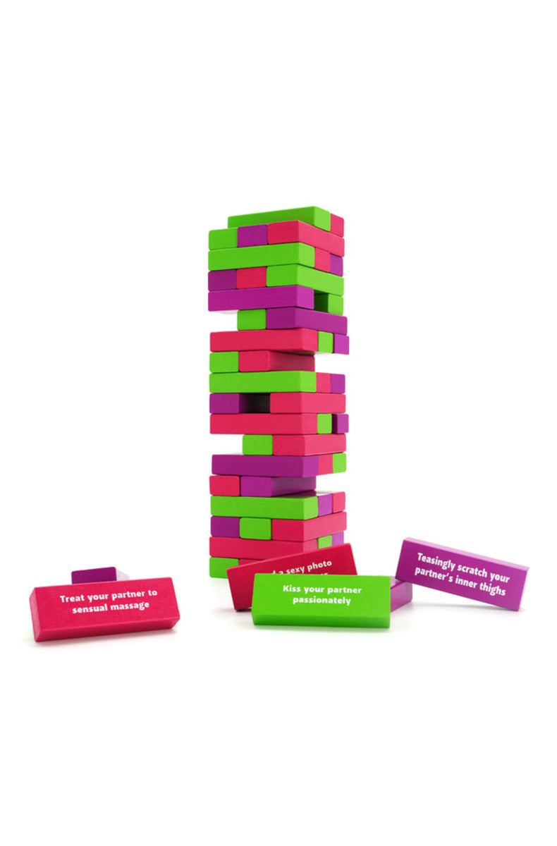 Play Wiv Me Tower of Pleasure tumbling tower with green, pink and purple dare blocks