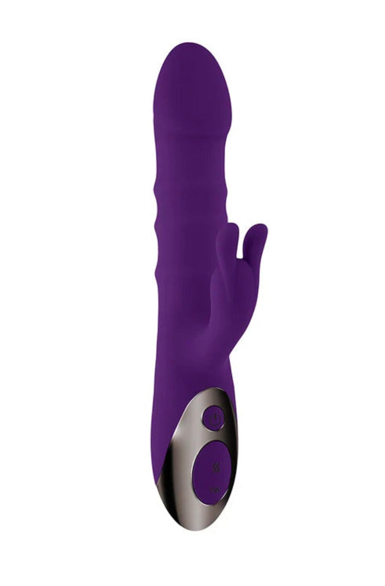 Purple Playboy Hop To It thrusting rabbit vibrator, angled view showing the shaft rings and bunny