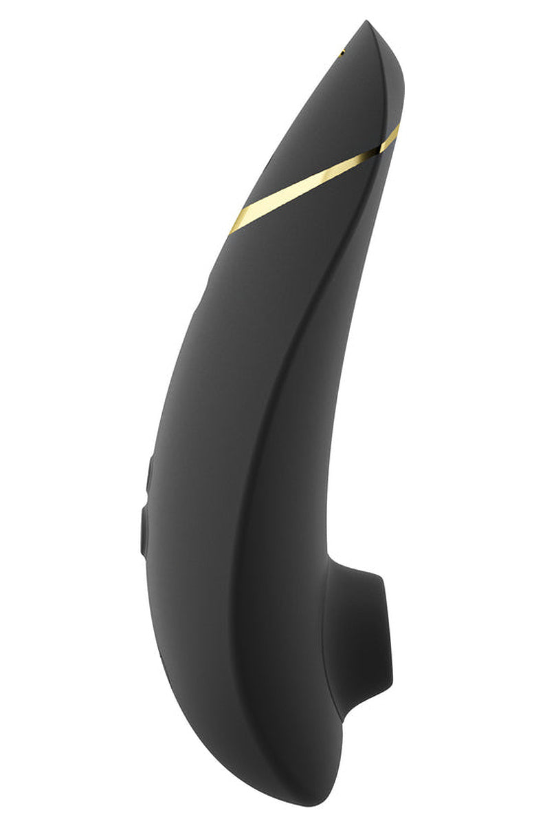 Side view of the black Womanizer Premium 2 with its gold accent stripe and silicone head.