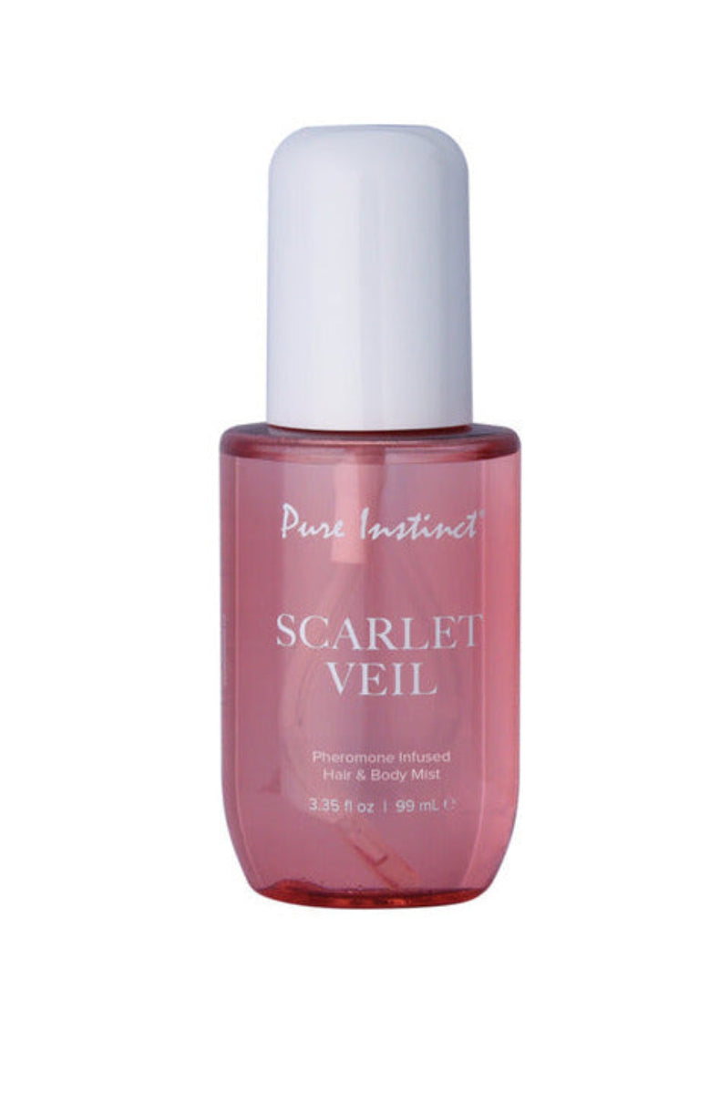 Rosy pink tinted Pure Instinct Scarlet Veil pheromone hair and body mist bottle, 3.35 fl oz, with a white domed cap.
