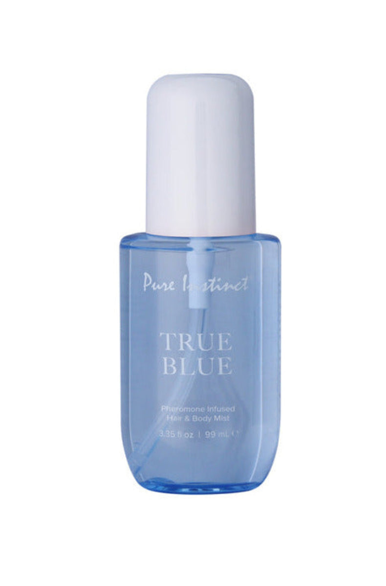Blue tinted Pure Instinct True Blue pheromone hair and body mist bottle, 3.35 fl oz, with a white domed cap.