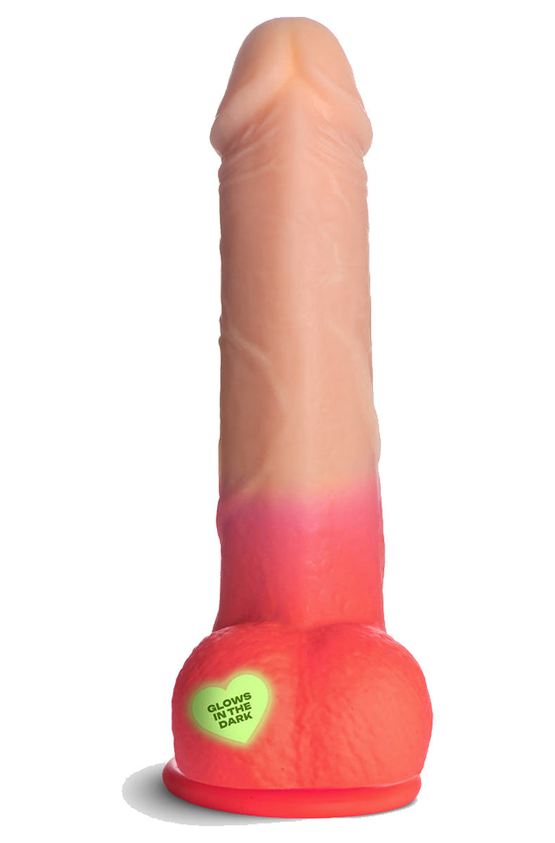 Red and flesh tone realistic silicone dildo with balls and suction base
