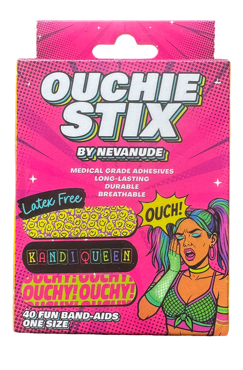 Pink Ouchie Stix retail box by Neva Nude for a 40 pack of latex free rave bandages with neon PLUR and EDM samples.