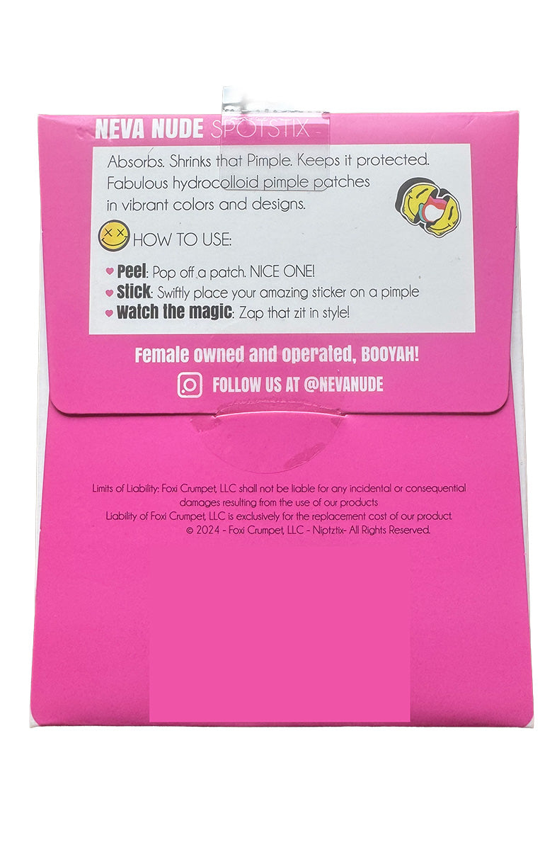 Back of Neva Nude SpotStix hydrocolloid acne patches card package showing brand info and directions.