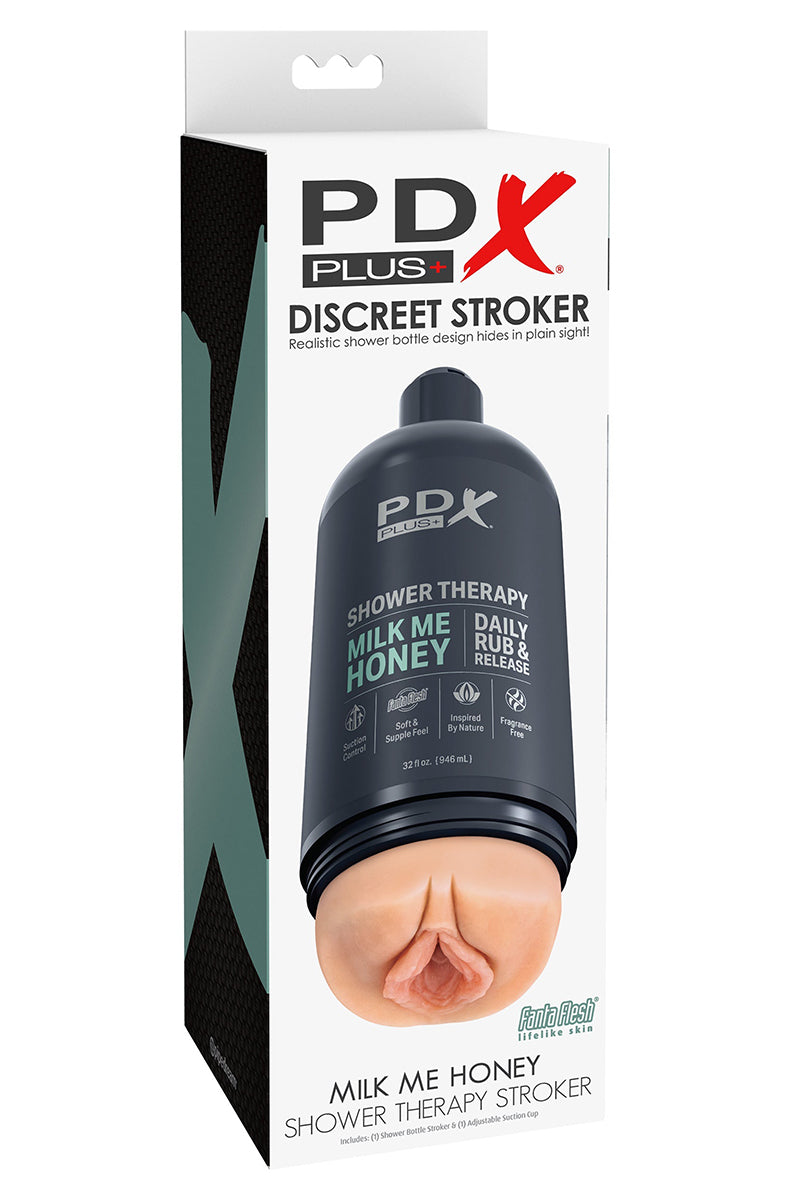 PDX Plus Shower Therapy Milk Me Honey stroker bottle front view, showing the Daily Rub & Release label.