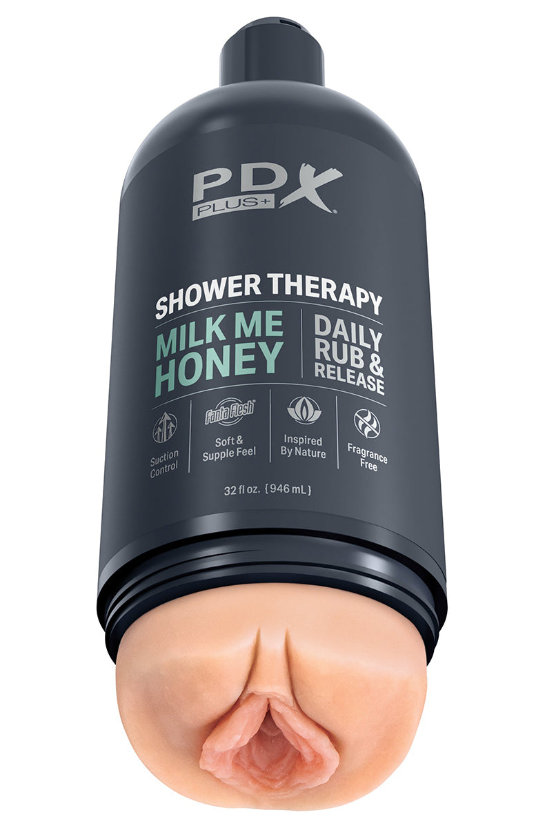 PDX Plus Shower Therapy Milk Me Honey stroker side view of the shampoo-style bottle.