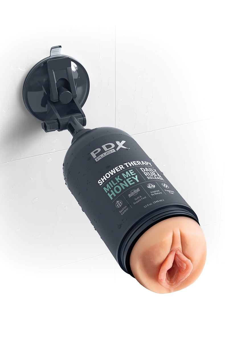 PDX Plus Shower Therapy Milk Me Honey stroker with suction cup mount detached and ready to attach.