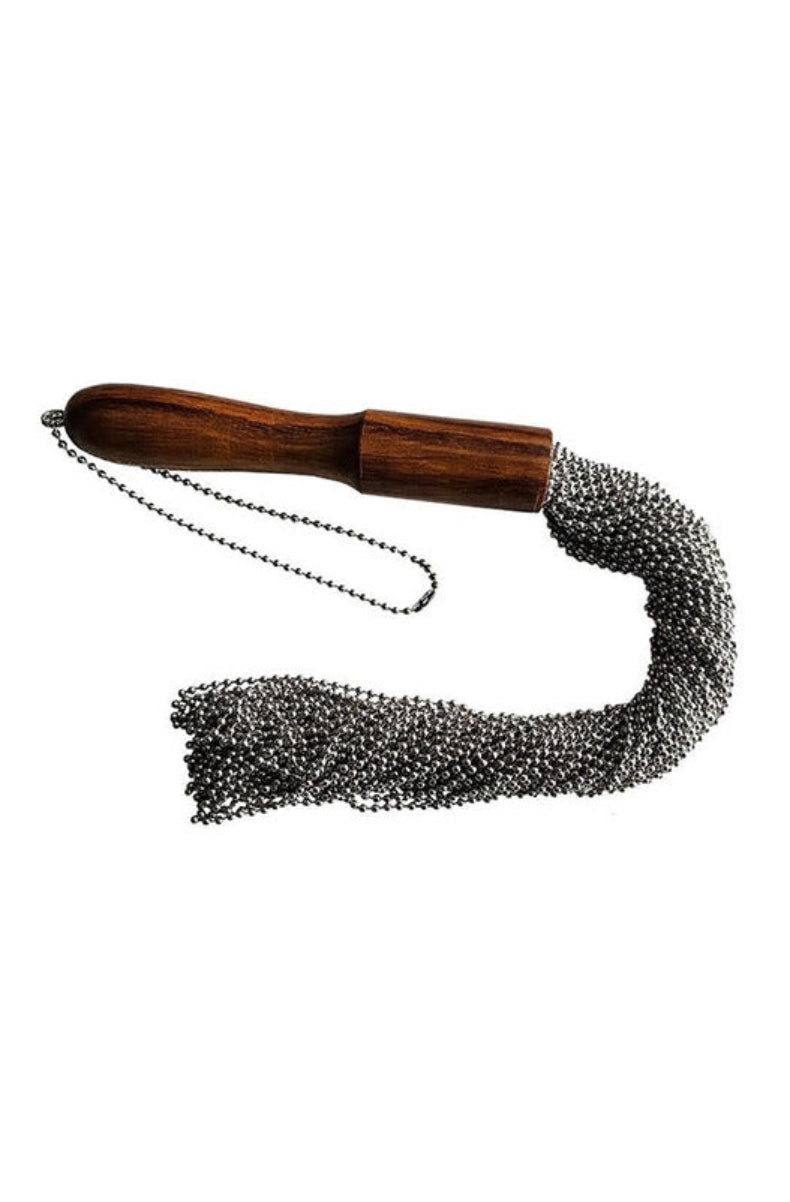Rouge Beaded Metal Flogger in silver with weighted metal chain tails, polished wooden handle, and beaded wrist loop
