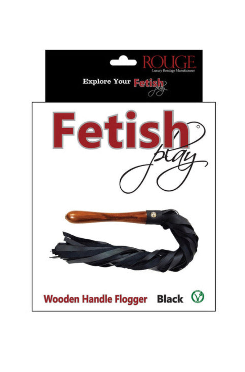 Rouge Fetish Play Wooden Handle Flogger black retail box with vegan badge