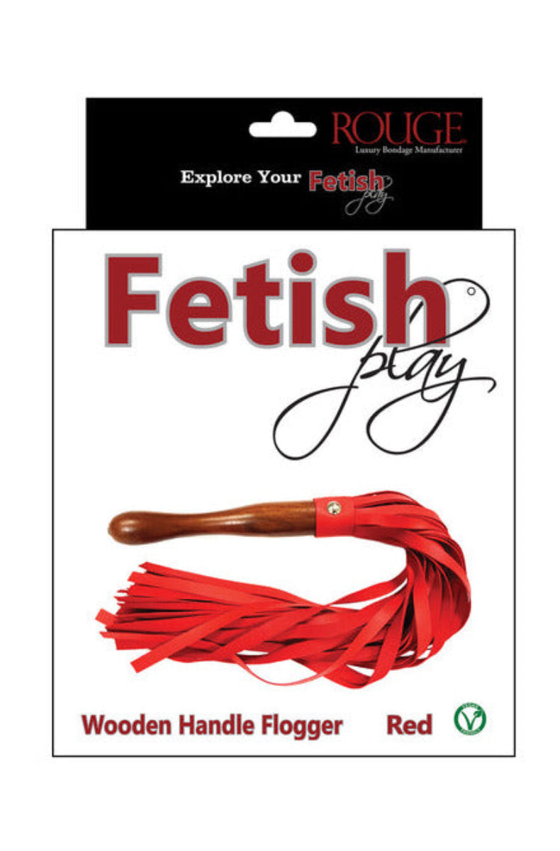 Rouge Fetish Play Wooden Handle Flogger red retail box with vegan badge