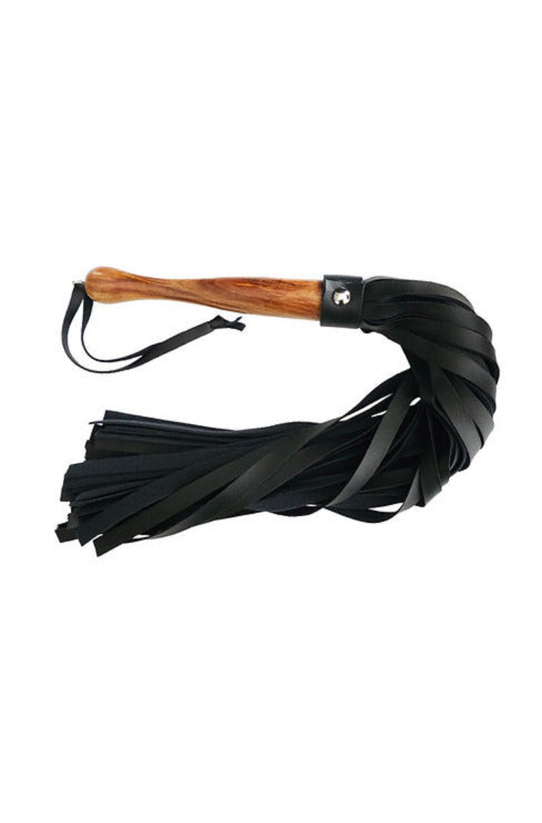 Rouge Fetish Play vegan flogger in black with soft faux leather tails and a polished wooden handle with wrist loop