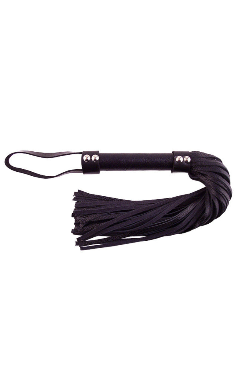 Rouge H-Style genuine leather flogger in black with soft leather tails, a short leather-wrapped handle, and a leather hand loop