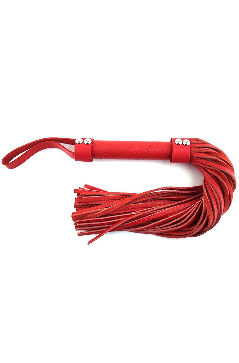 Rouge H-Style genuine leather flogger in red with soft leather tails, a short leather-wrapped handle, and a leather hand loop