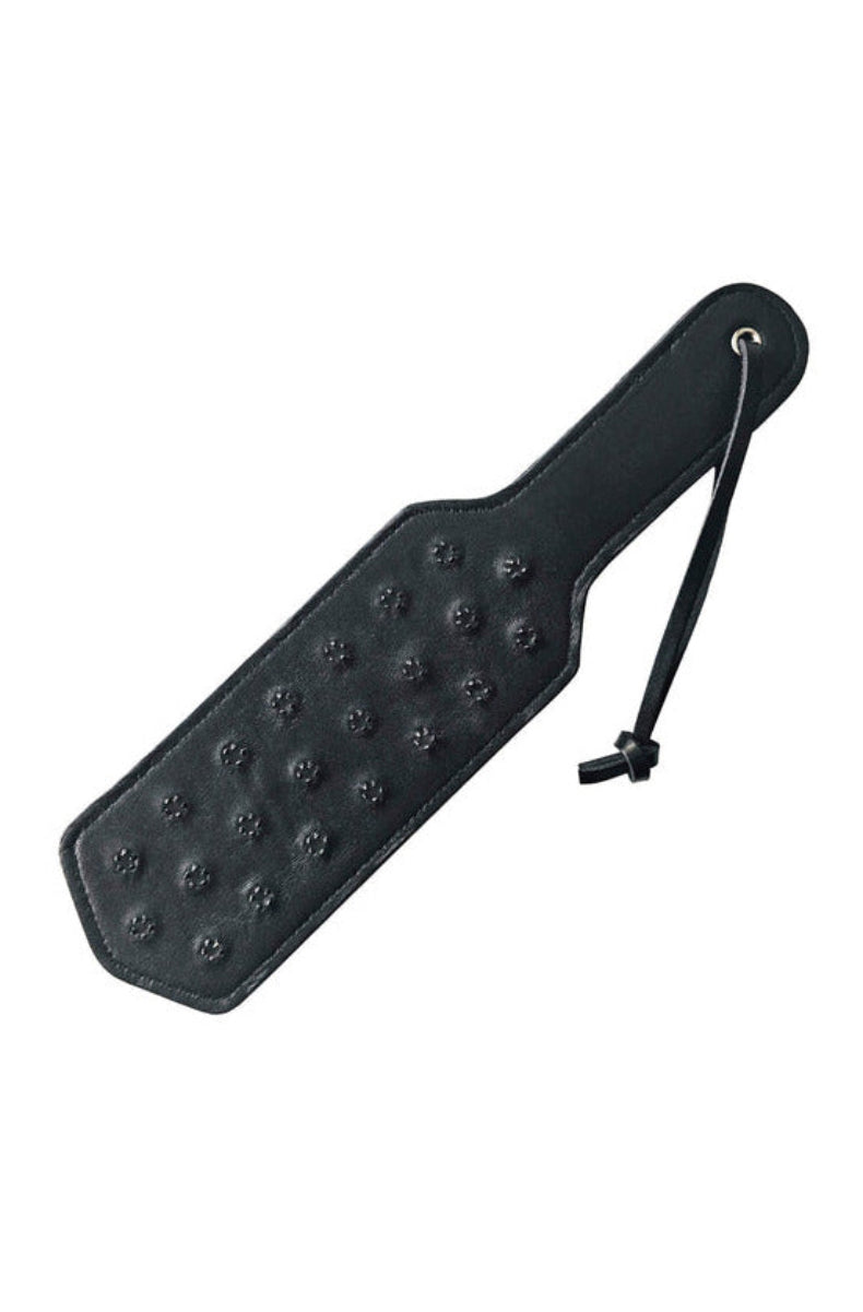 Rouge black leather pin prick paddle with clusters of metal spikes on the striking face and a leather wrist loop