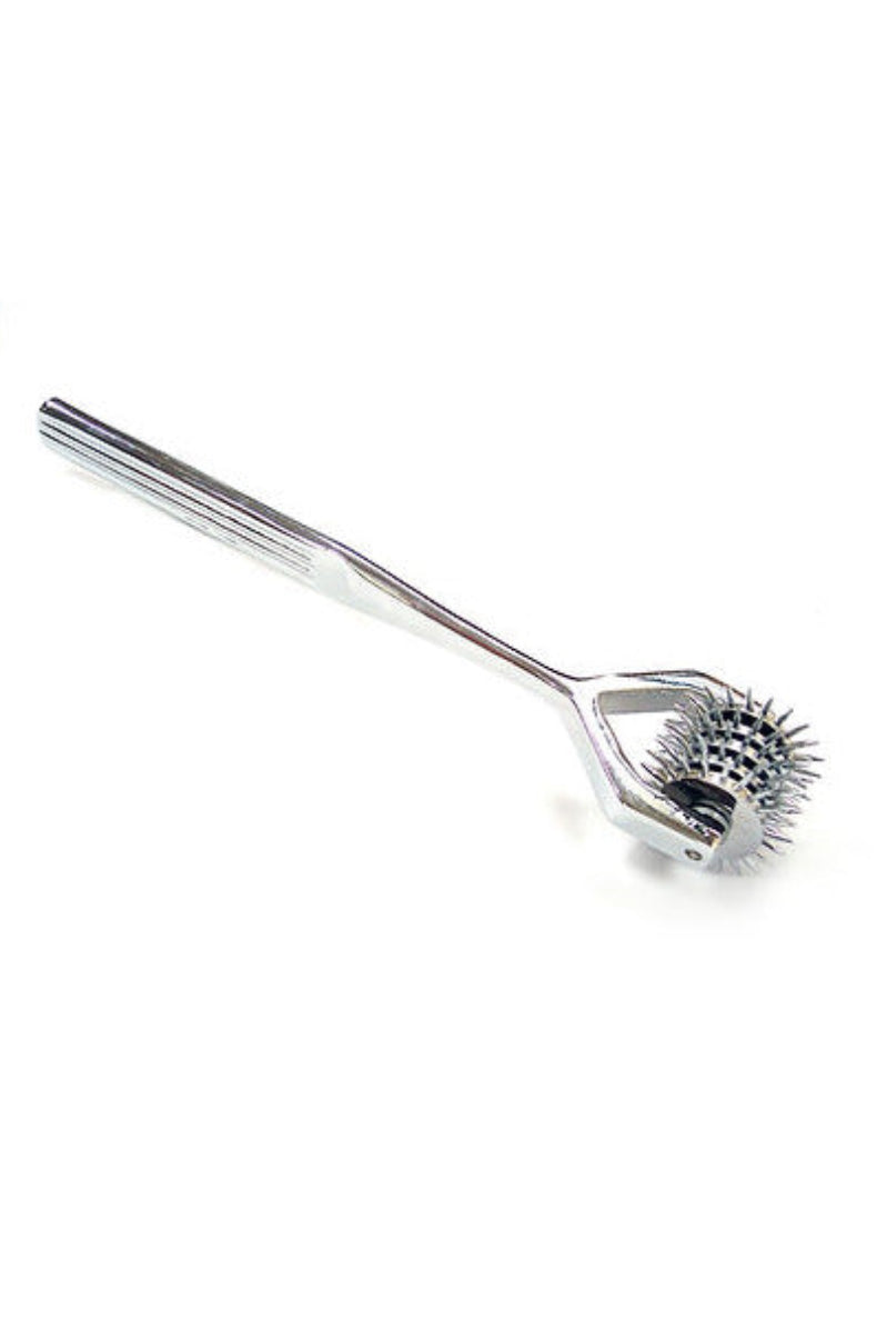 Angled view of the silver stainless steel pinwheel showing its five spiked wheels and slim handle.