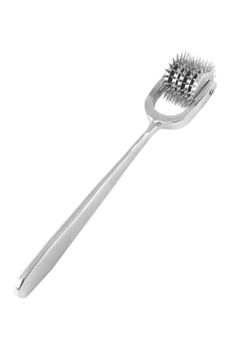 Silver stainless steel pinwheel with five rows of spiked wheels on a long slim handle.