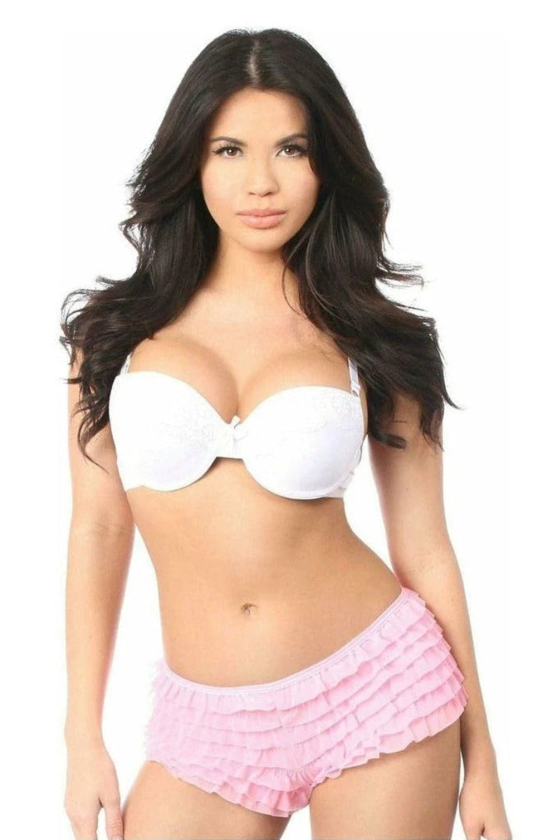 Baby pink mesh ruffle panty with tiered ruffles and a back bow, shown on a model
