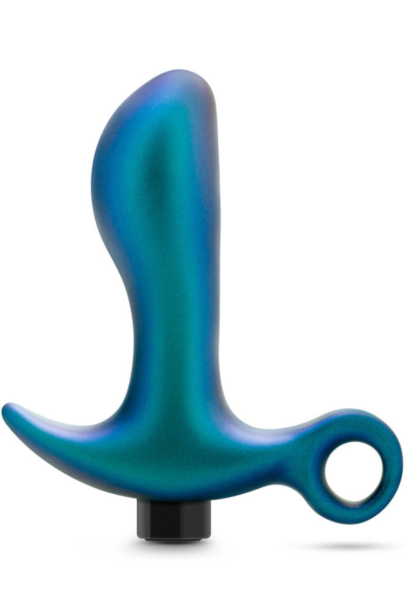 Iridescent blue silicone prostate plug with a curved base, finger-ring loop, and a black bullet, on white background.