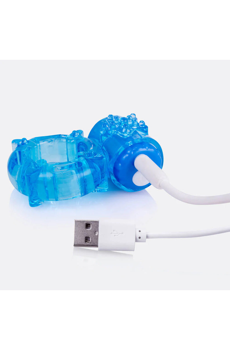 Blue Charged Big O rechargeable vibrating ring, alternate view, on a white background.
