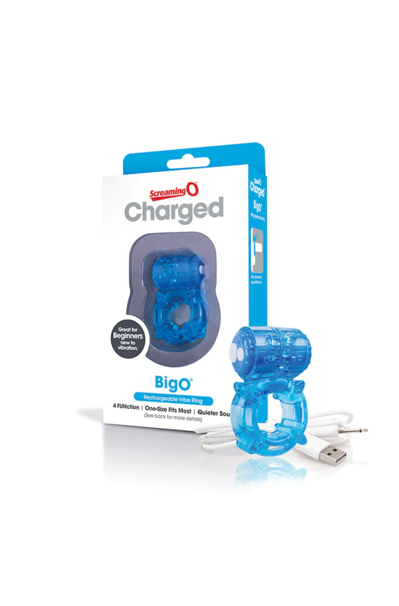 Screaming O Charged Big O in blue with its package and USB charging cable, on white.