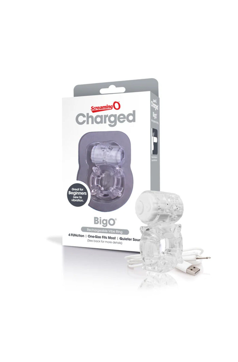 Screaming O Charged Big O in clear with its package and USB charging cable, on white.