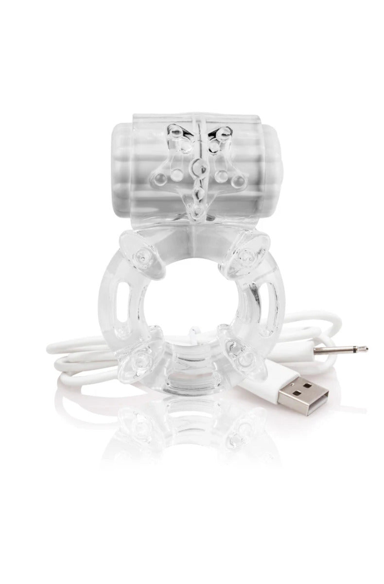 Clear rechargeable vibrating cock ring with a textured motor and stretchy band, on white.