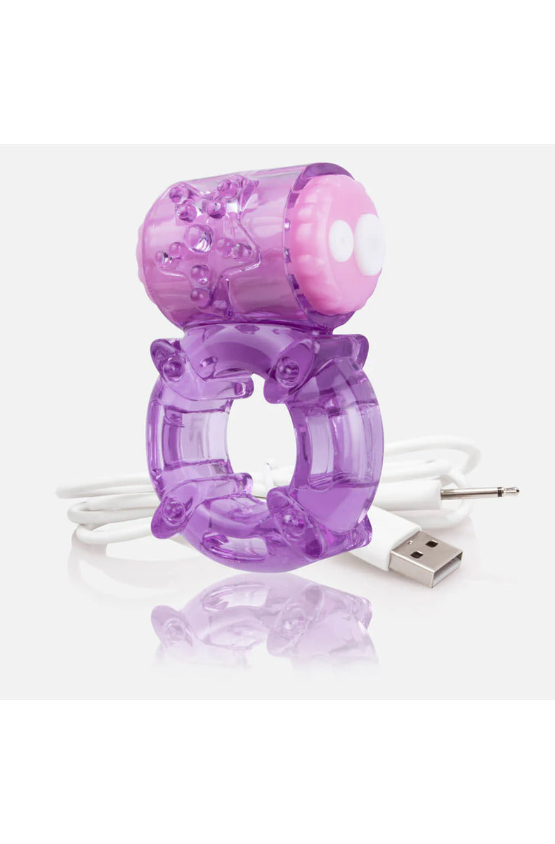 Purple Charged Big O rechargeable vibrating ring, alternate view, on a white background.