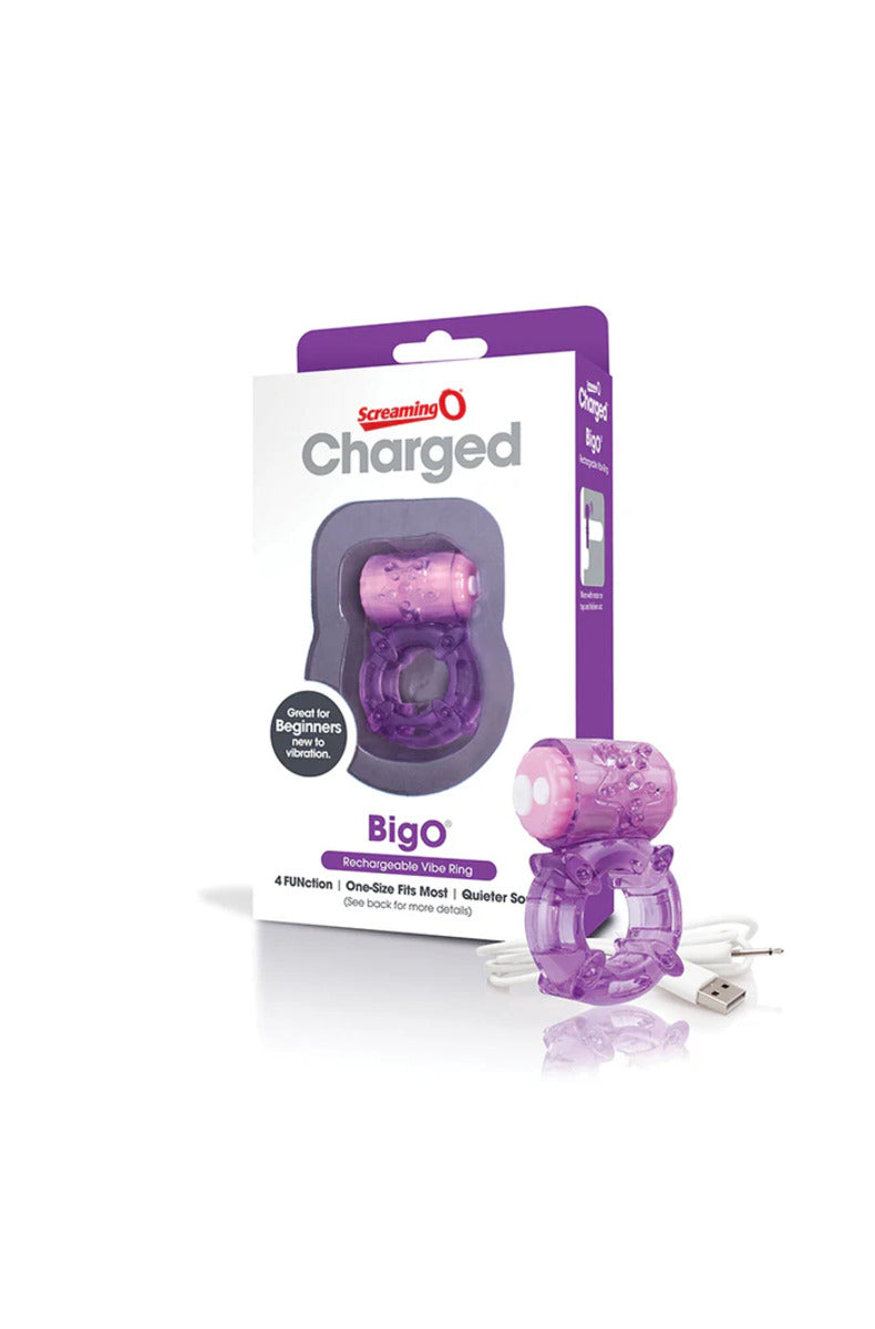 Screaming O Charged Big O in purple with its package and USB charging cable, on white.