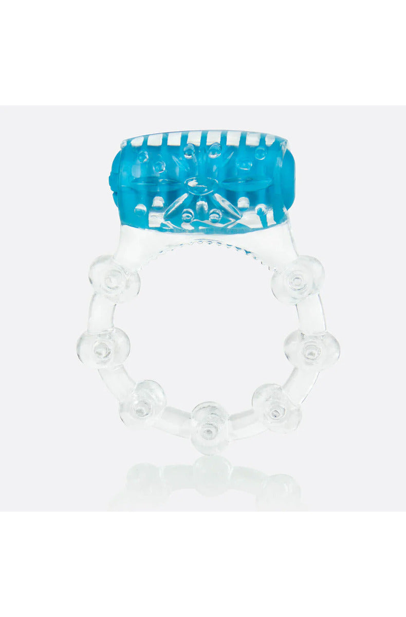 Clear stretchy vibrating cock ring with a blue motor, soft ticklers, and a beaded band, on white.