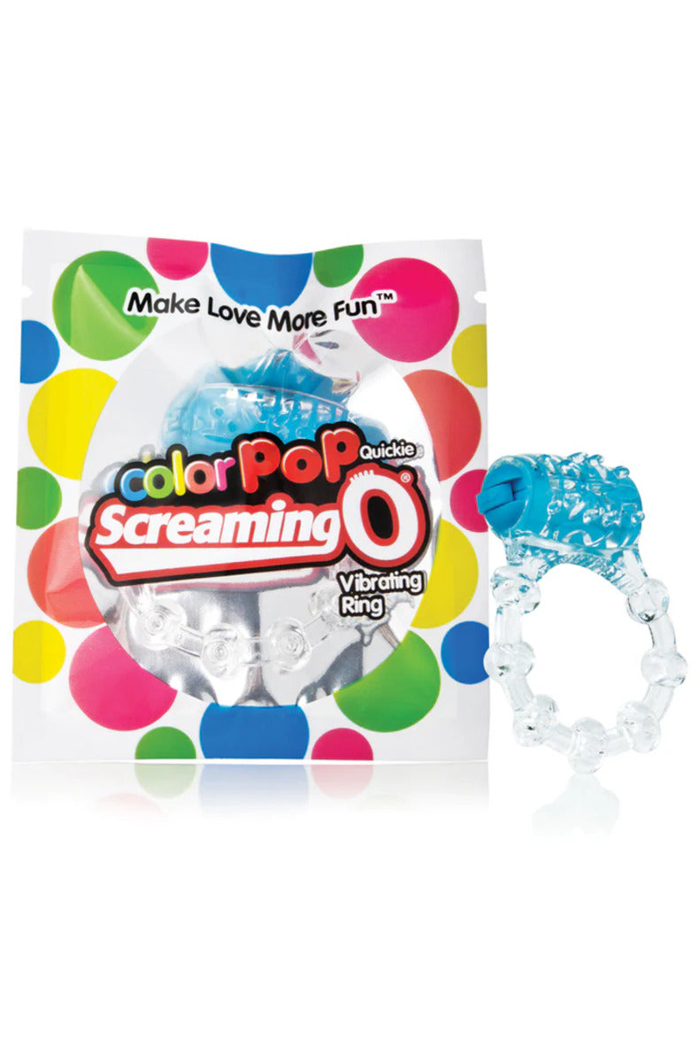 Screaming O ColorPop Quickie vibrating ring in its polka-dot package with a clear ring and blue motor.