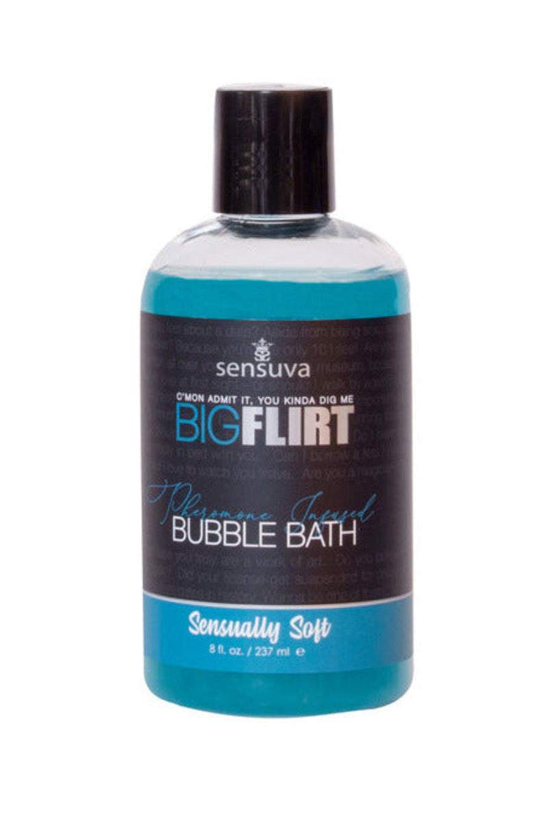 Sensuva Big Flirt pheromone bubble bath in Sensually Soft, blue liquid in a clear 8 oz bottle with a pickup-line label.