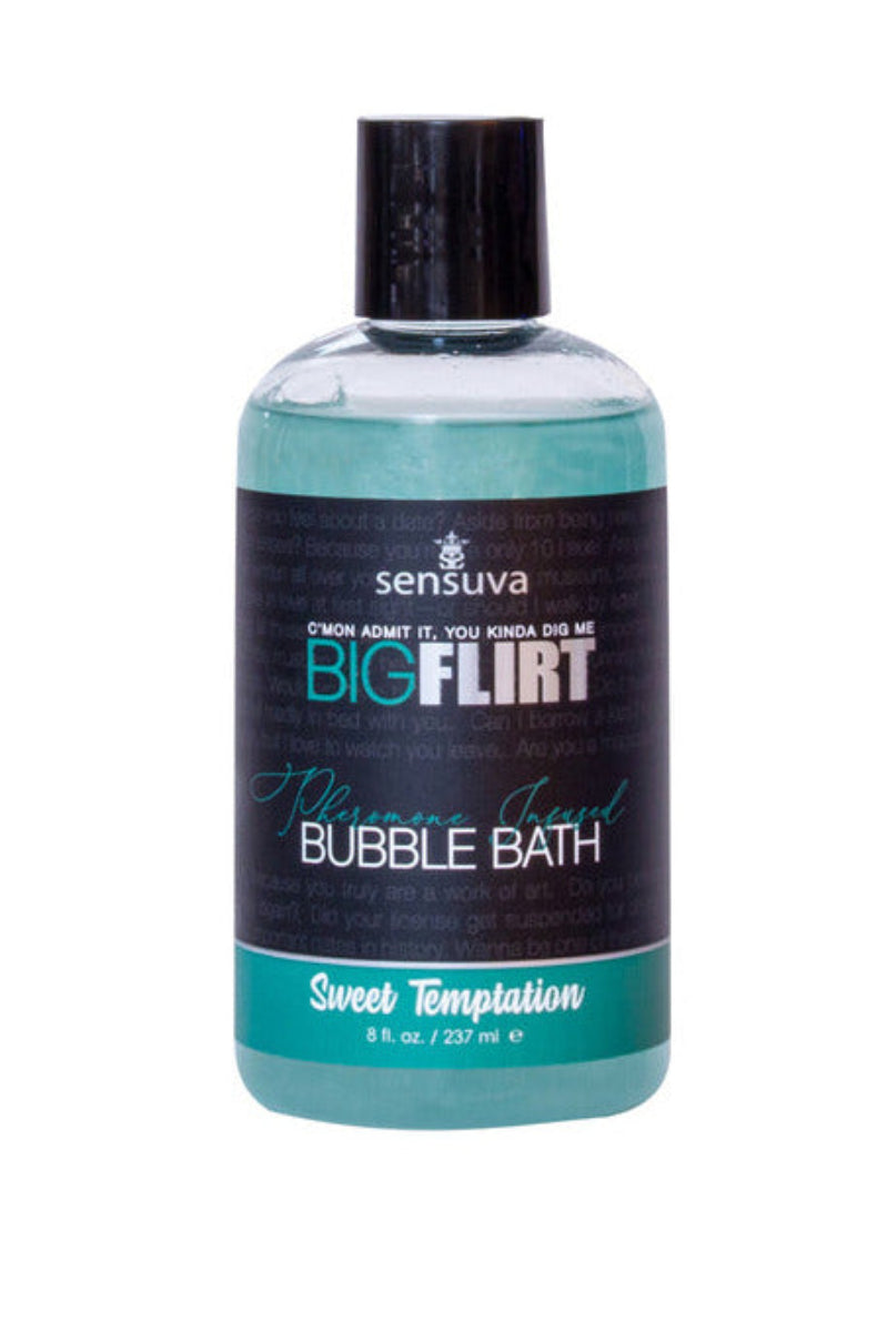 Sensuva Big Flirt pheromone bubble bath in Sweet Temptation, teal liquid in a clear 8 oz bottle with a pickup-line label.