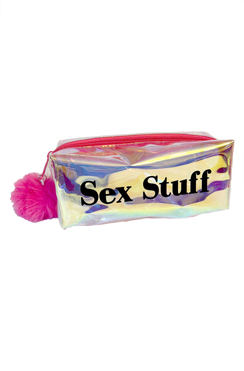 Close-up of iridescent holographic drawstring pouch with Sex Stuff text on the front.