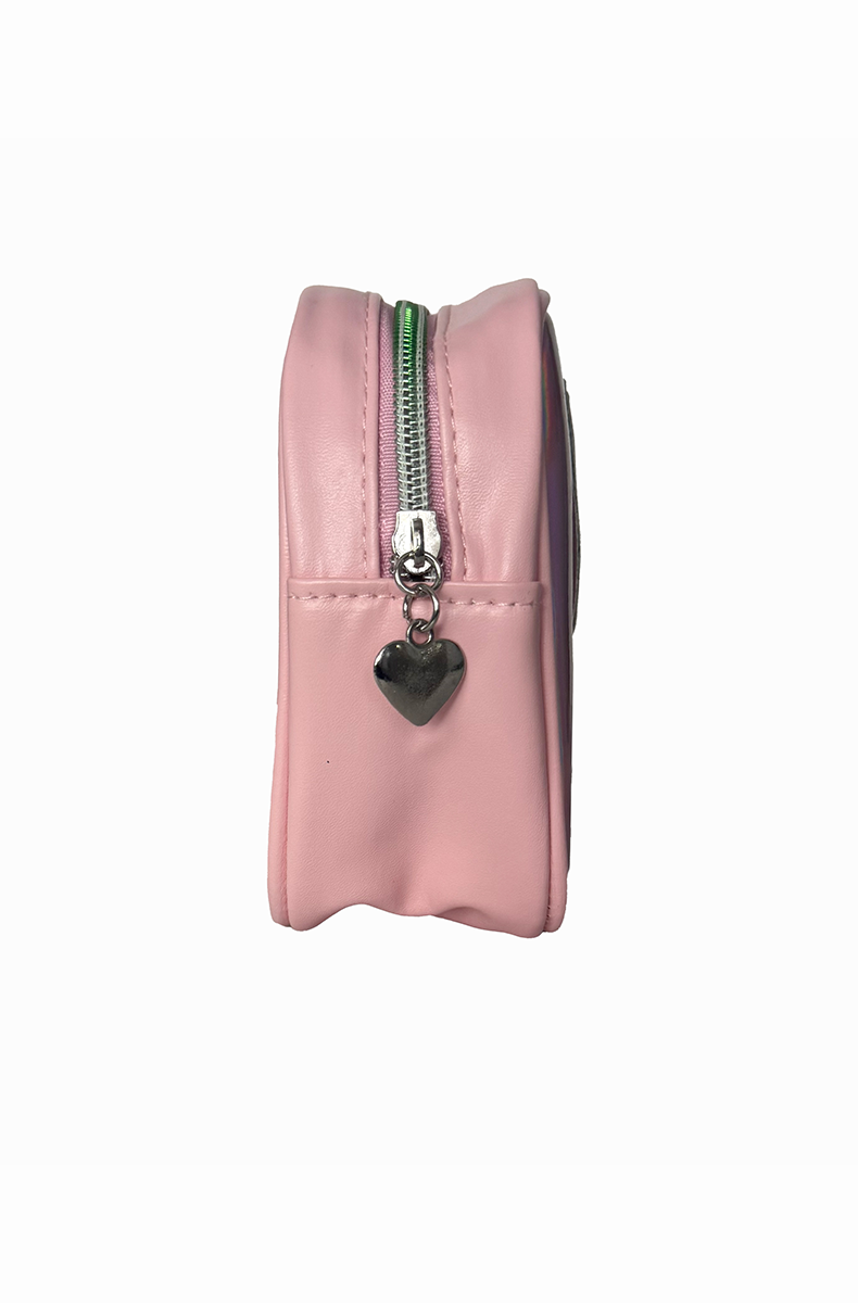 Pink and iridescent silver-pink holographic travel bag with bold "Slut" lettering in script, outlined and trimmed in clear glitter, with a top metal zipper.