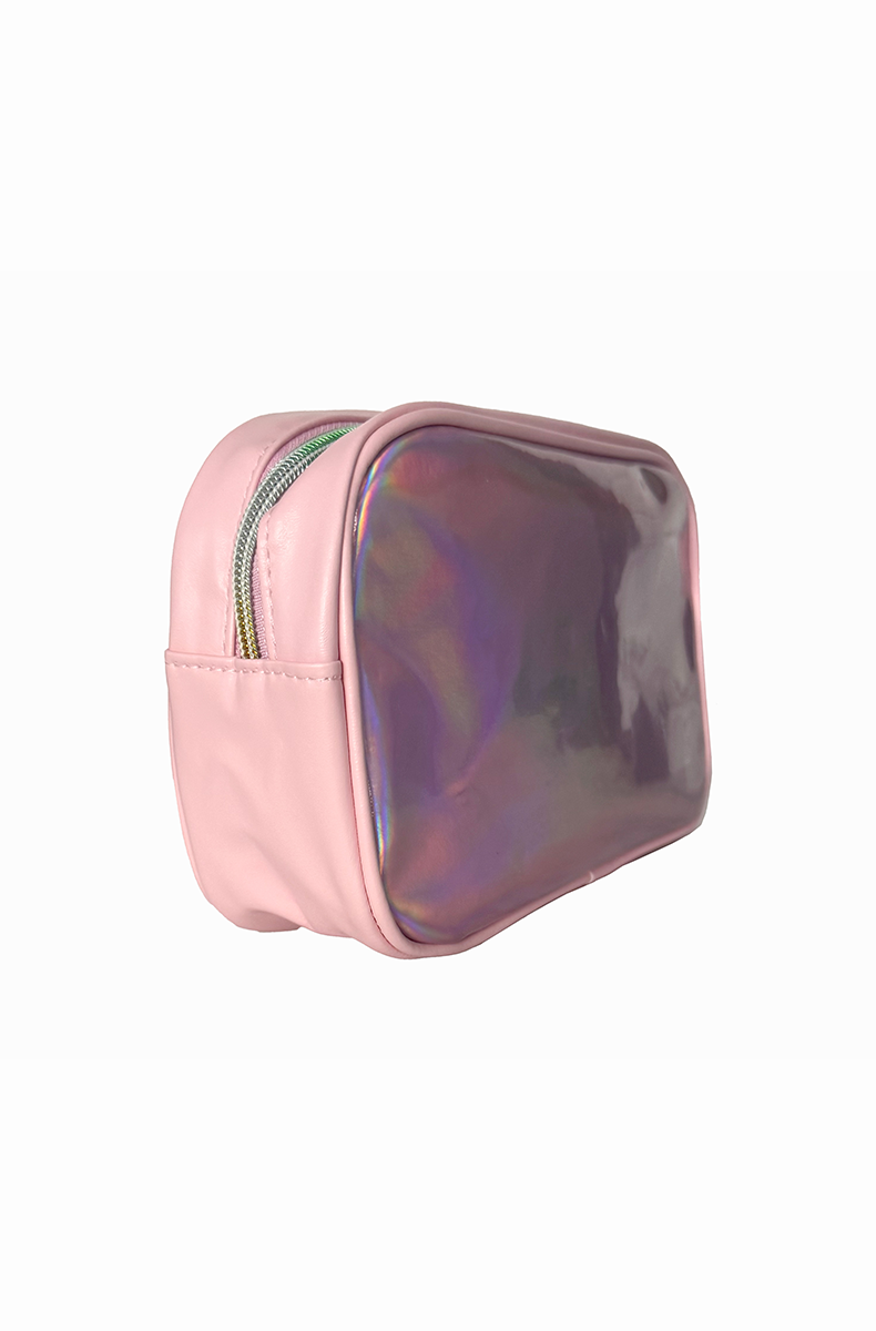 Pink and iridescent silver-pink holographic travel bag with bold "Slut" lettering in script, outlined and trimmed in clear glitter, with a top metal zipper.