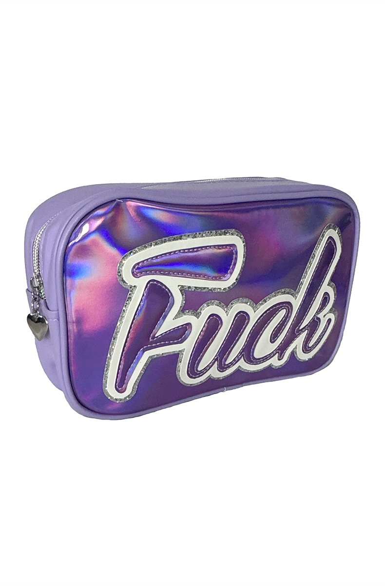 Iridescent purple holographic travel bag with bold "Fuck" lettering in script, outlined and trimmed in clear glitter, with a top metal zipper.