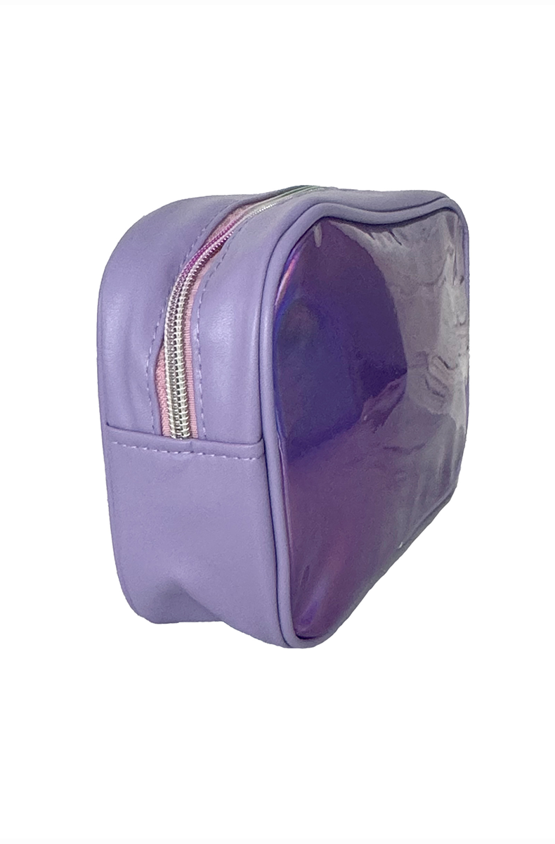 Iridescent purple holographic travel bag with bold "Fuck" lettering in script, outlined and trimmed in clear glitter, with a top metal zipper.