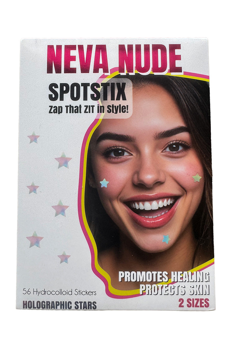Neva Nude Spotstix Holographic Stars 56-count hydrocolloid acne patch pack with model and star stickers on cheeks.