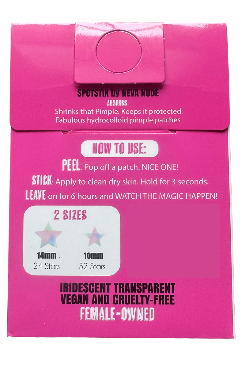 Neva Nude Spotstix Holographic Stars 56-count hydrocolloid acne patch pack with model and star stickers on cheeks.