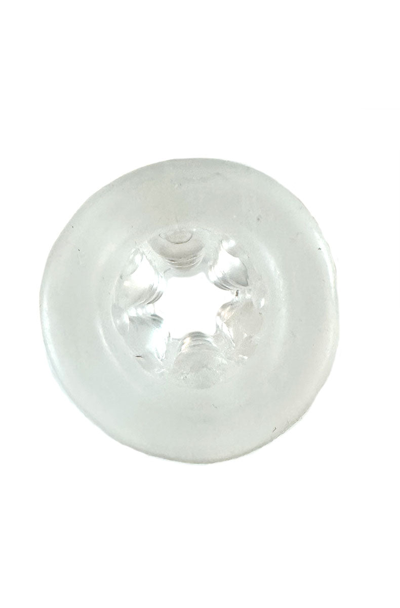 Detail view of clear TPE textured stroker sleeve showing internal ribbed chamber.